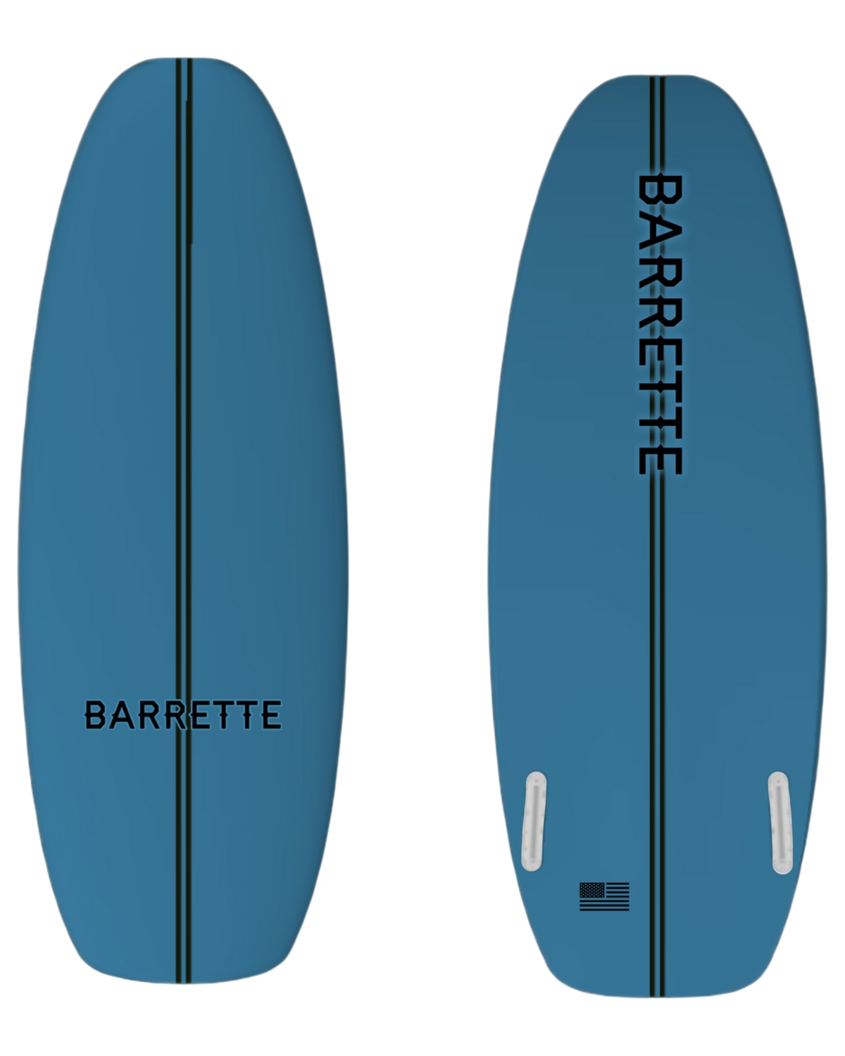 Fat Daddy's Wake Surf Barrette ATL blue wakesurf board showing top and bottom deck views with black center stripe