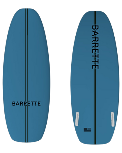 Fat Daddy's Wake Surf Barrette ATL blue wakesurf board showing top and bottom deck views with black center stripe