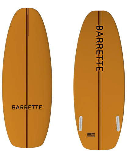 Fat Daddy's Wake Surf Barrette ATL wakesurf board in mustard yellow with a central stripe and black branding.