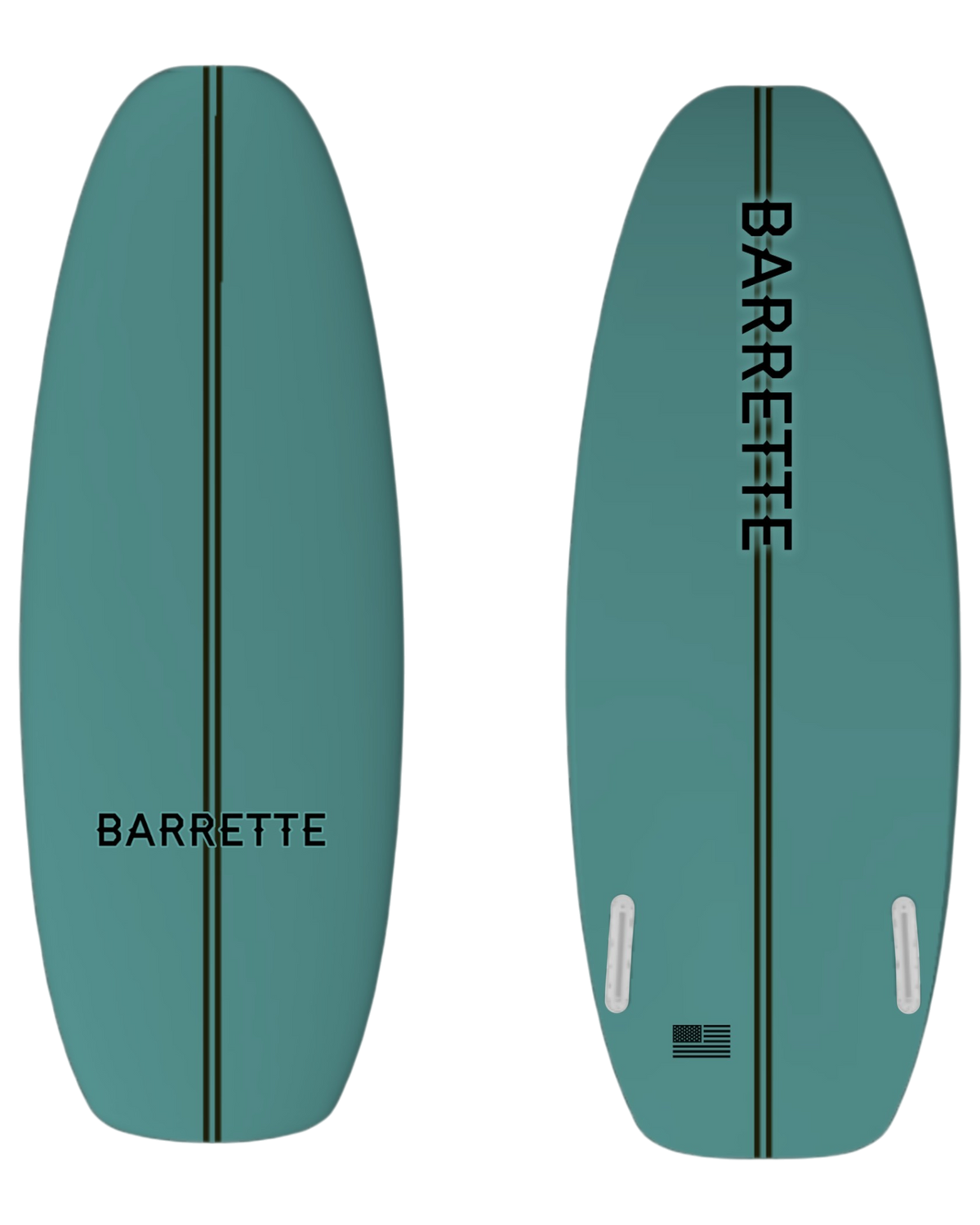 Fat Daddy's Wake Surf Barrette ATL wakesurf board in teal with a central black stripe and branding on both sides.