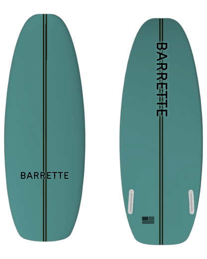 Fat Daddy's Wake Surf Barrette ATL wakesurf board in teal with a central black stripe and branding on both sides.