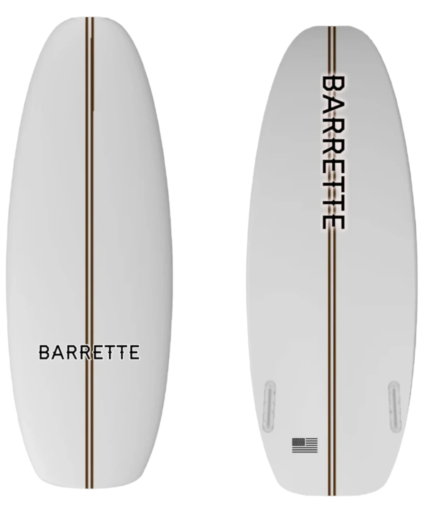Fat Daddy's Wake Surf BARRETTE ATL wakesurf board in white with a brown center stripe and black branding