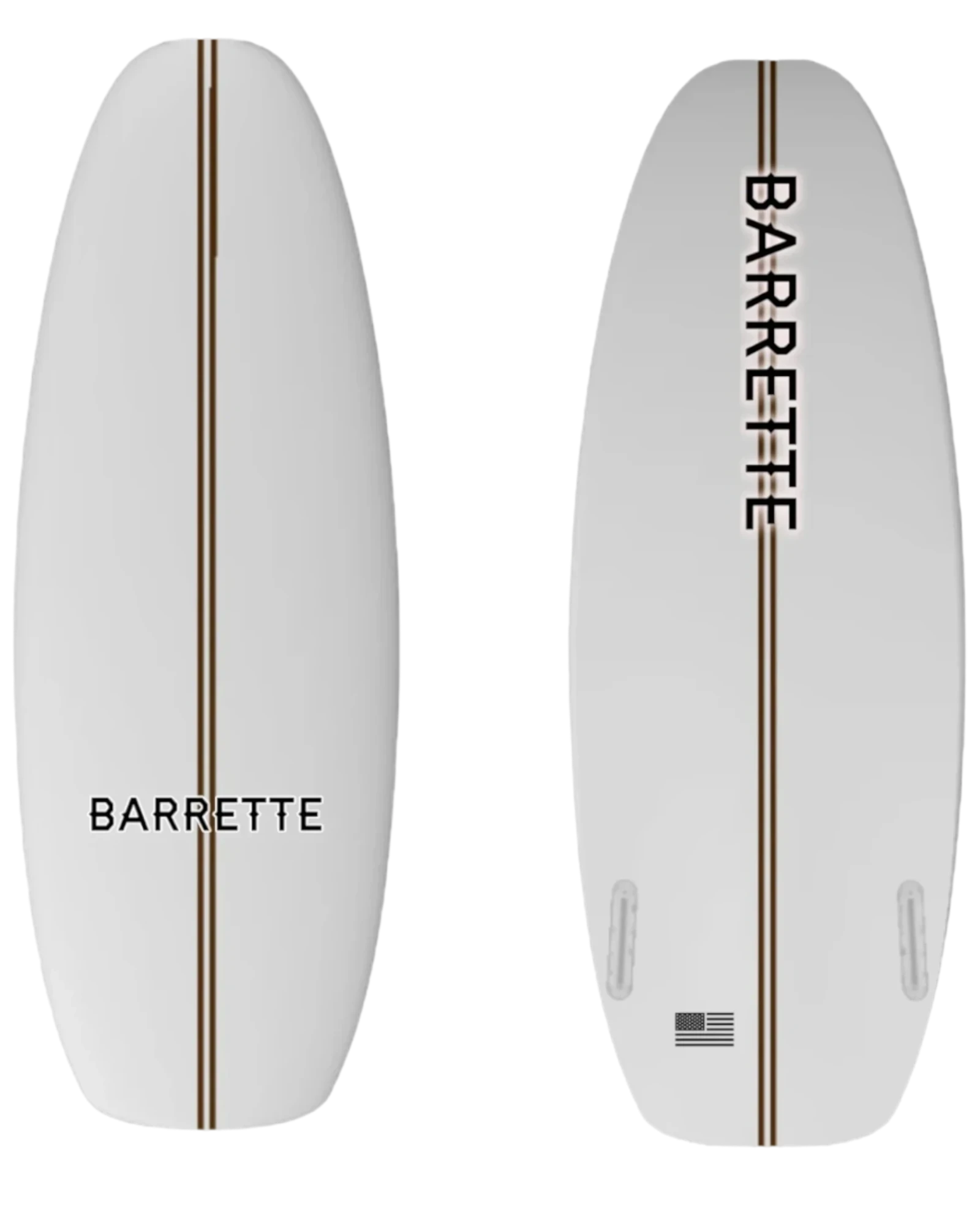Fat Daddy's Wake Surf BARRETTE ATL wakesurf board in white with a brown center stripe and black branding