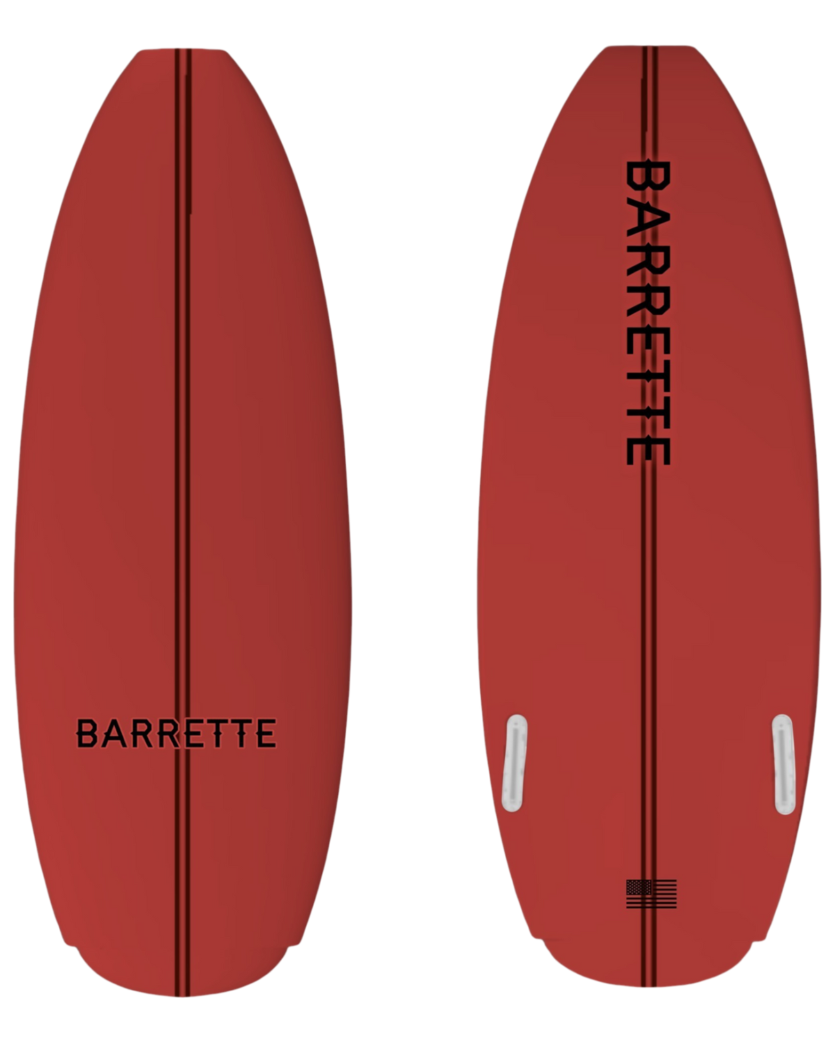 Fat Daddy's Wake Surf Barrette Lithium wakesurf board in red with black branding, top and bottom view.