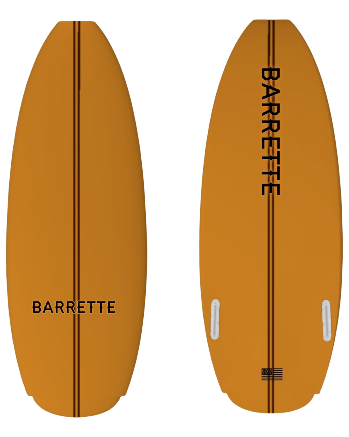 Fat Daddy's Wake Surf Barrette Lithium wakesurf board in mustard yellow with a central dark stripe and black branding.