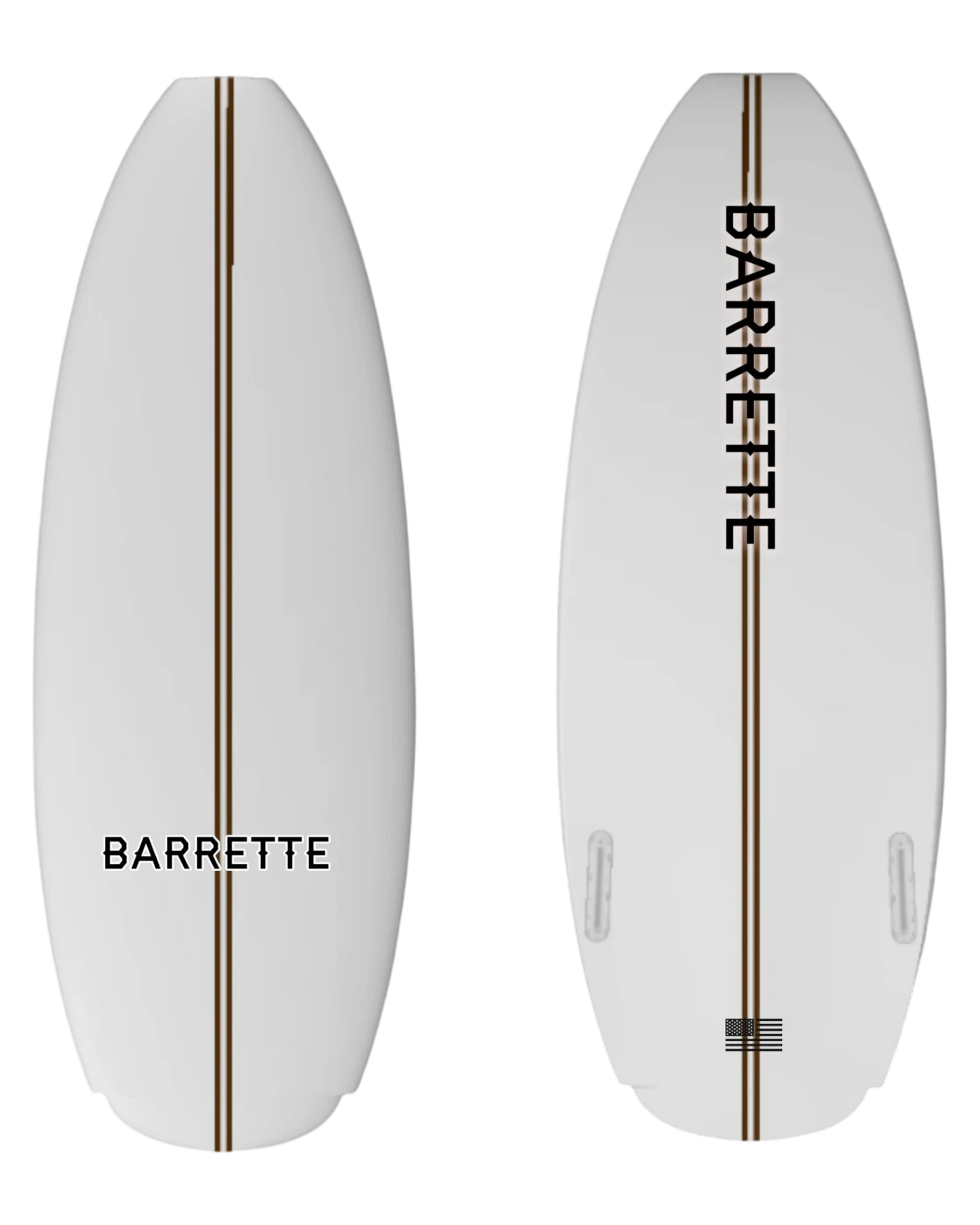 Fat Daddy's Wake Surf Barrette lithium wakesurf board in white with a central brown pinstripe and black branding.