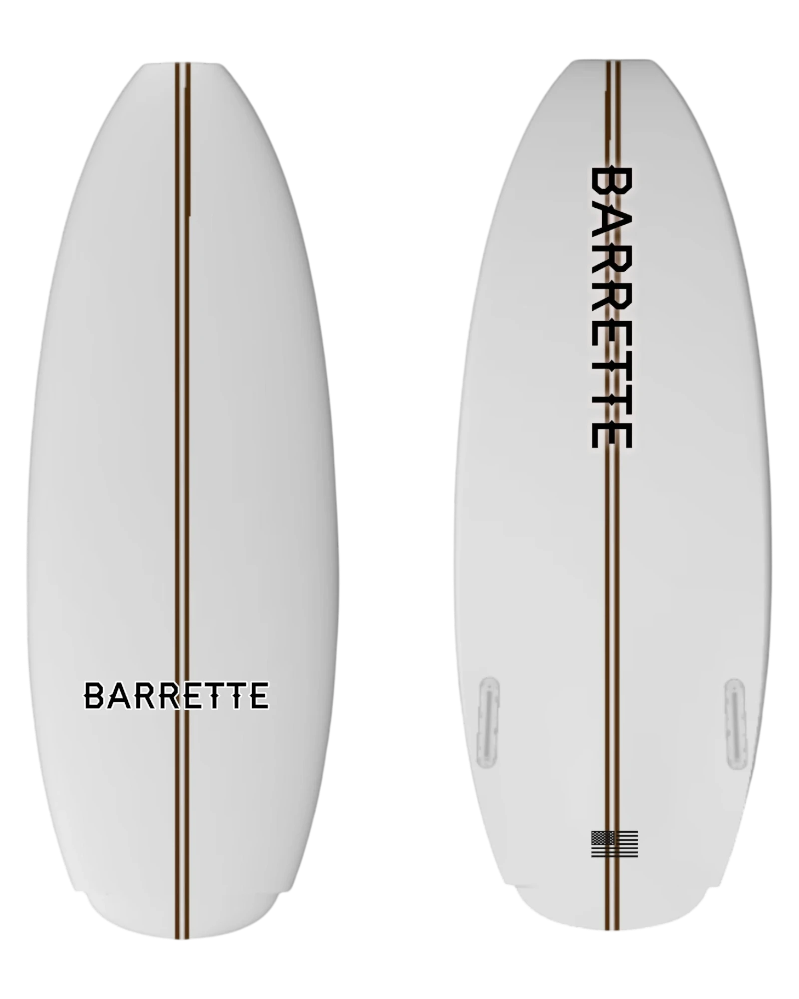 Fat Daddy's Wake Surf Barrette lithium wakesurf board in white with a central brown pinstripe and black branding.