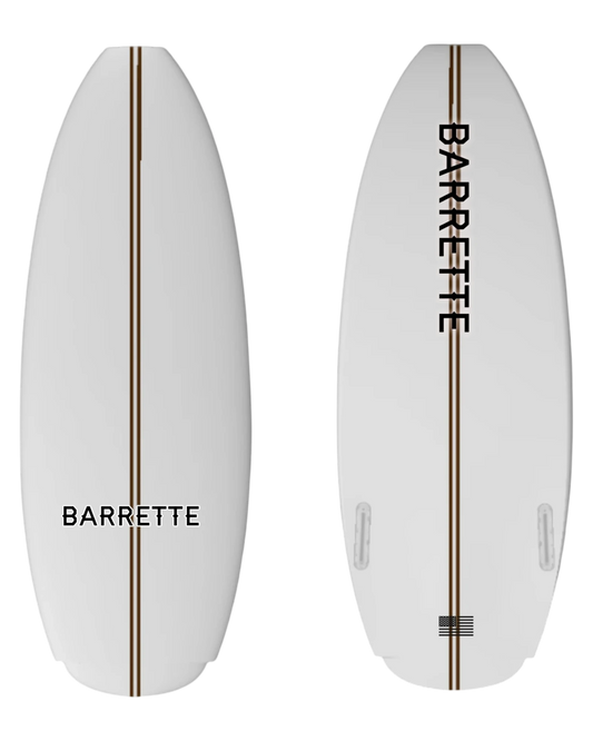 Fat Daddy's Wake Surf Barrette lithium wakesurf board in white with a central brown pinstripe and black branding.