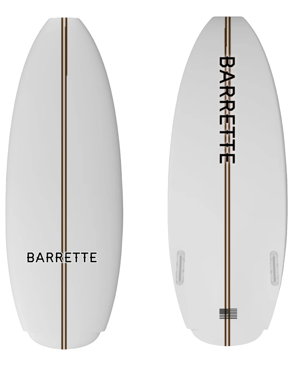 Fat Daddy's Wake Surf Barrette Lithium wakesurf board featuring a white finish with a central brown pinstripe design.