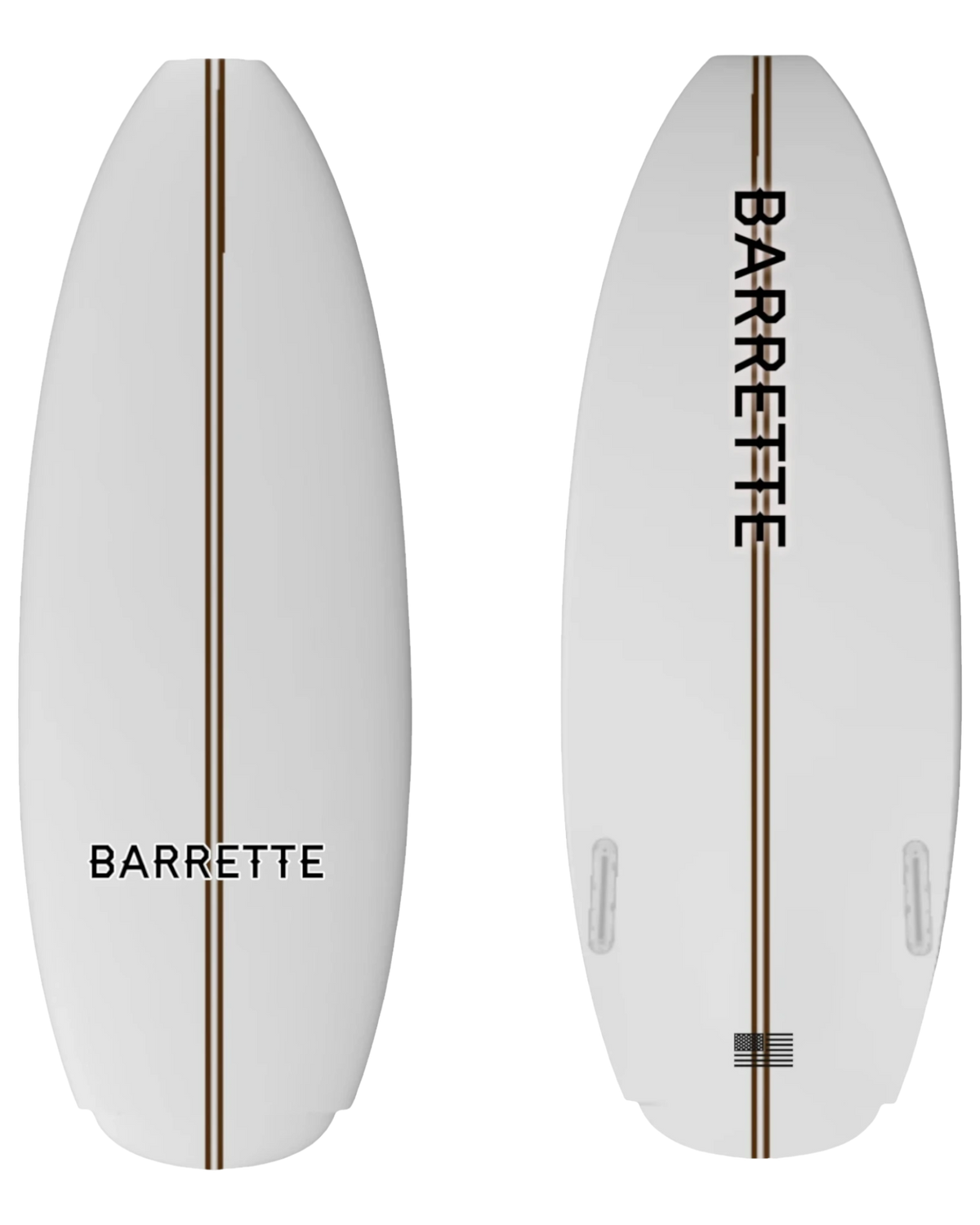 Fat Daddy's Wake Surf Barrette Lithium wakesurf board featuring a white finish with a central brown pinstripe design.