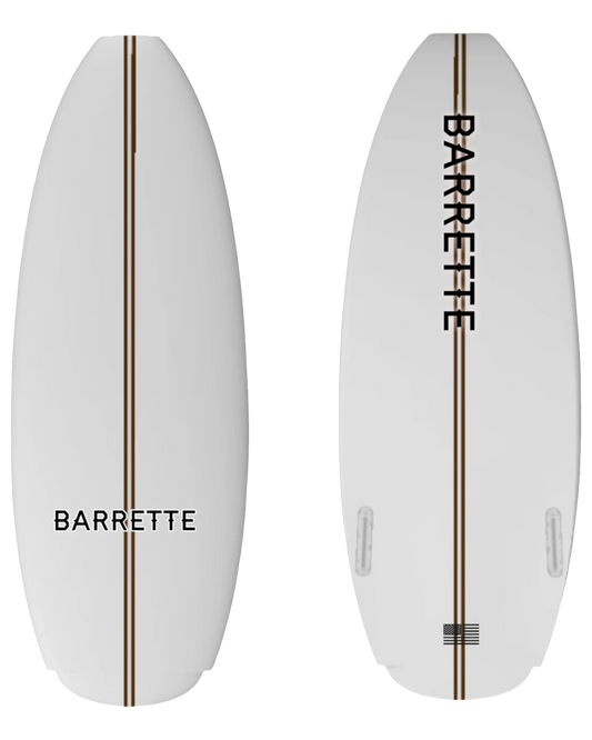 Fat Daddy's Wake Surf Barrette Lithium wakesurf board featuring a white finish with a central brown pinstripe design.