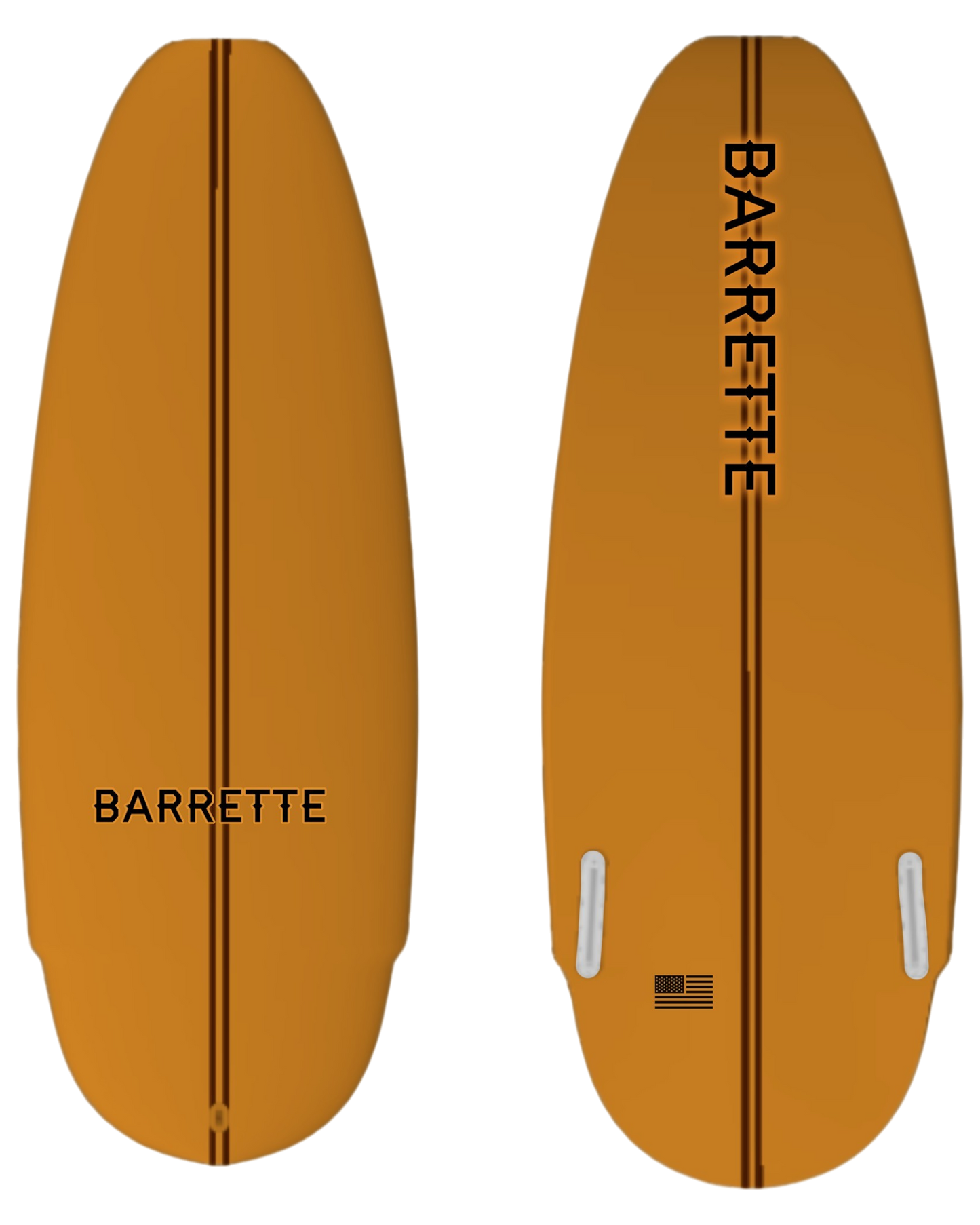 Fat Daddy's Wake Surf Barrette Greenroom wakesurf board in mustard yellow with a central pinstripe and black branding.