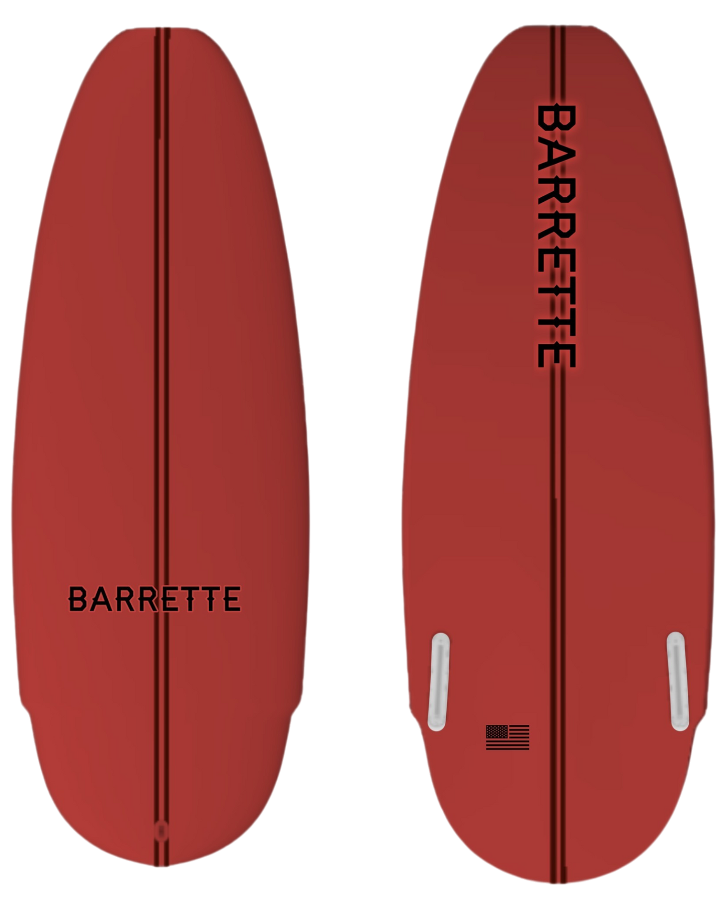 Fat Daddy's Wake Surf Barrette Greenroom wakesurf board in red with black branding and fin boxes