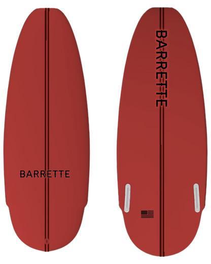 Fat Daddy's Wake Surf Barrette Greenroom wakesurf board in red with black branding and fin boxes