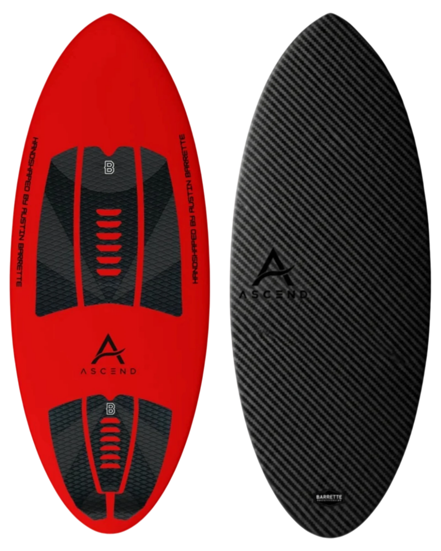 Fat Daddy's Wake Surf Barrette Noah Flegel Pro Carrera skim board featuring a red deck and black carbon fiber bottom.