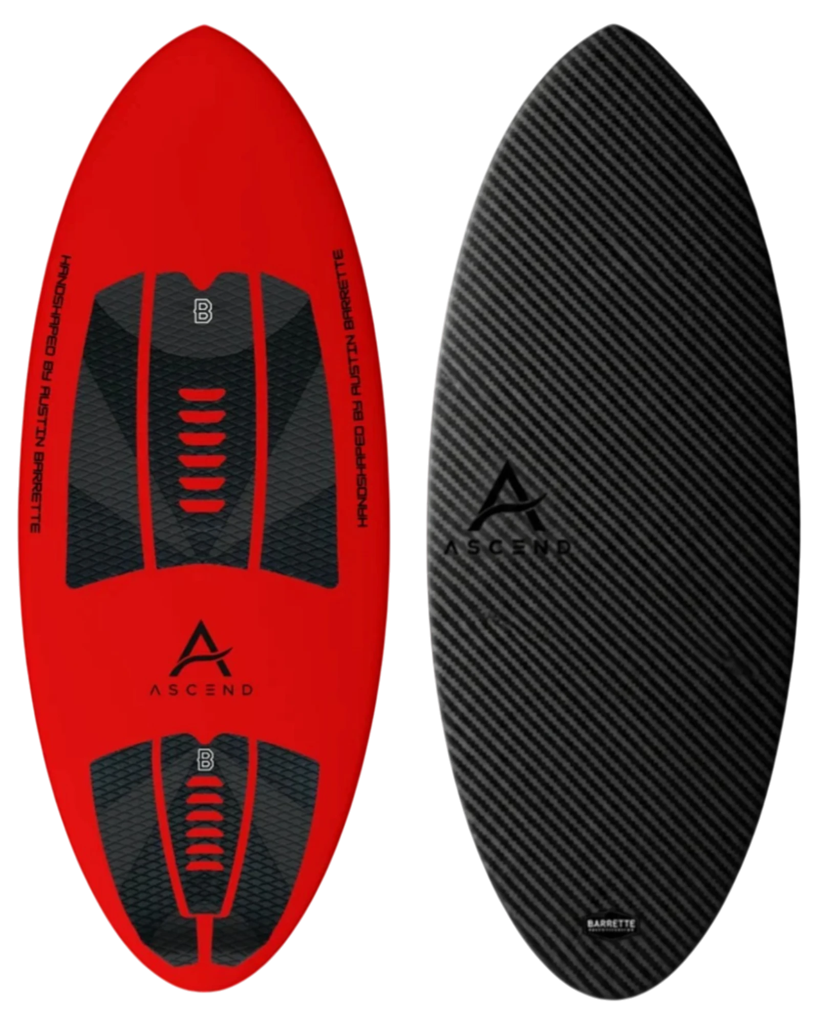 Fat Daddy's Wake Surf Barrette Noah Flegel Pro Carrera skim board featuring a red deck and black carbon fiber bottom.