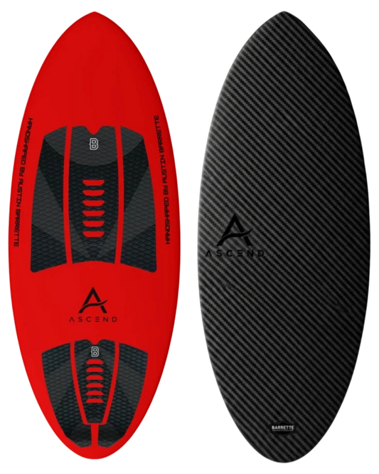 Fat Daddy's Wake Surf Barrette Noah Flegel Pro Carrera skim board featuring a red deck and black carbon fiber bottom.