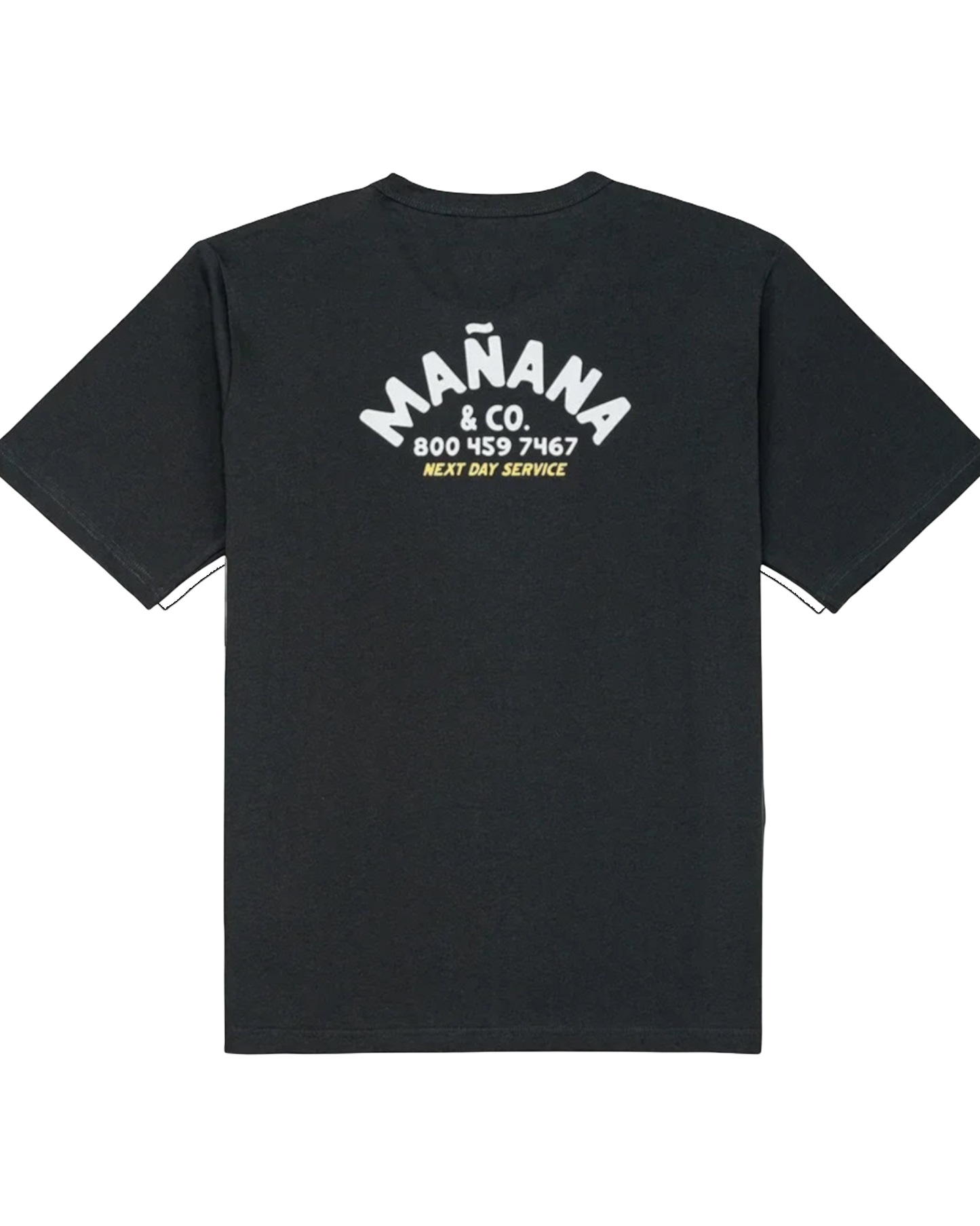 Fat Daddy's Wake Surf black Mañana Shop Tee with white and yellow graphic print on the back