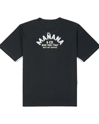 Fat Daddy's Wake Surf black Mañana Shop Tee with white and yellow graphic print on the back