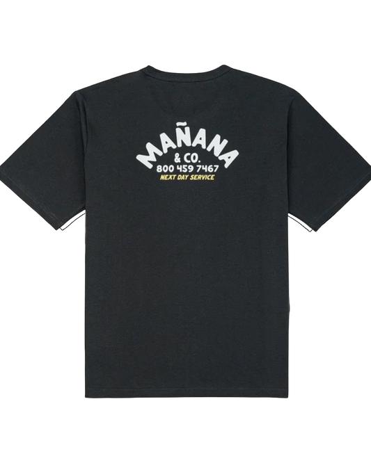 Fat Daddy's Wake Surf black Mañana Shop Tee with white and yellow graphic print on the back