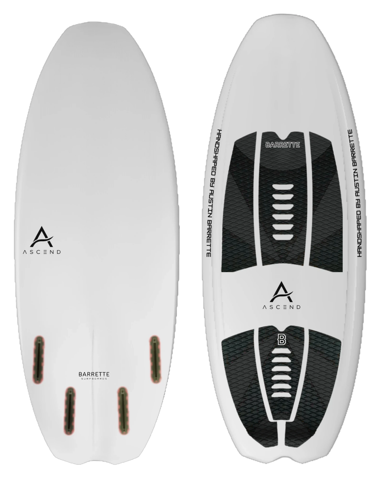 Fat Daddy's Wake Surf Barrette Noah Flegel Pro NF1 white wakesurf board with black traction pads and fin boxes