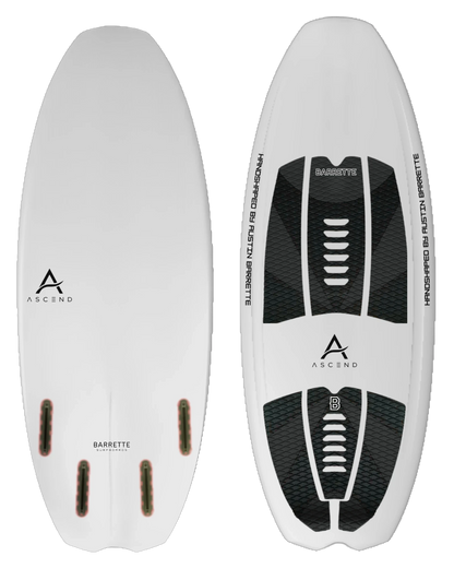 Fat Daddy's Wake Surf Barrette Noah Flegel Pro NF1 white wakesurf board with black traction pads and fin boxes