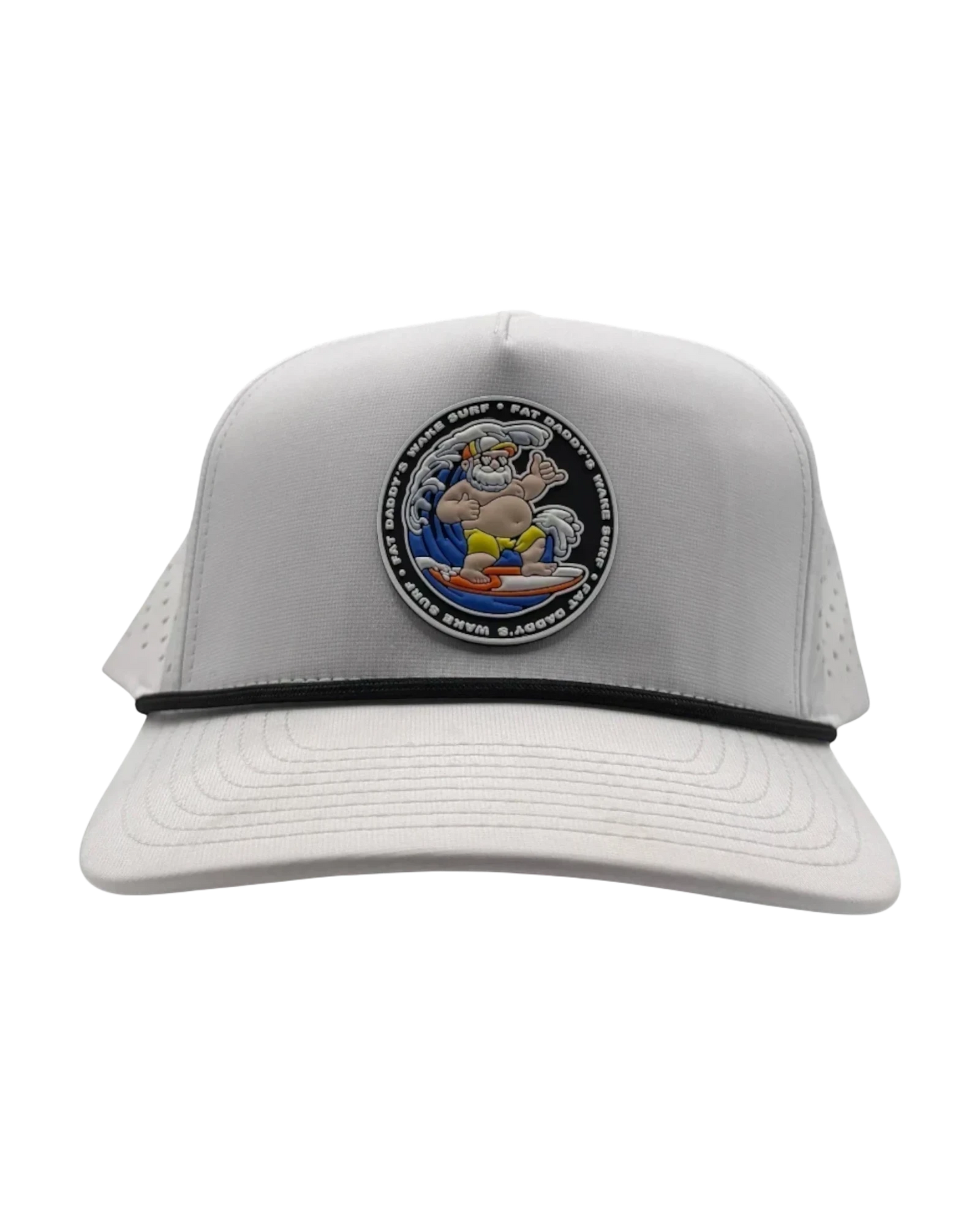 Fat Daddy's Wake Surf white waterproof 5-panel rope hat with a circular graphic patch on the front