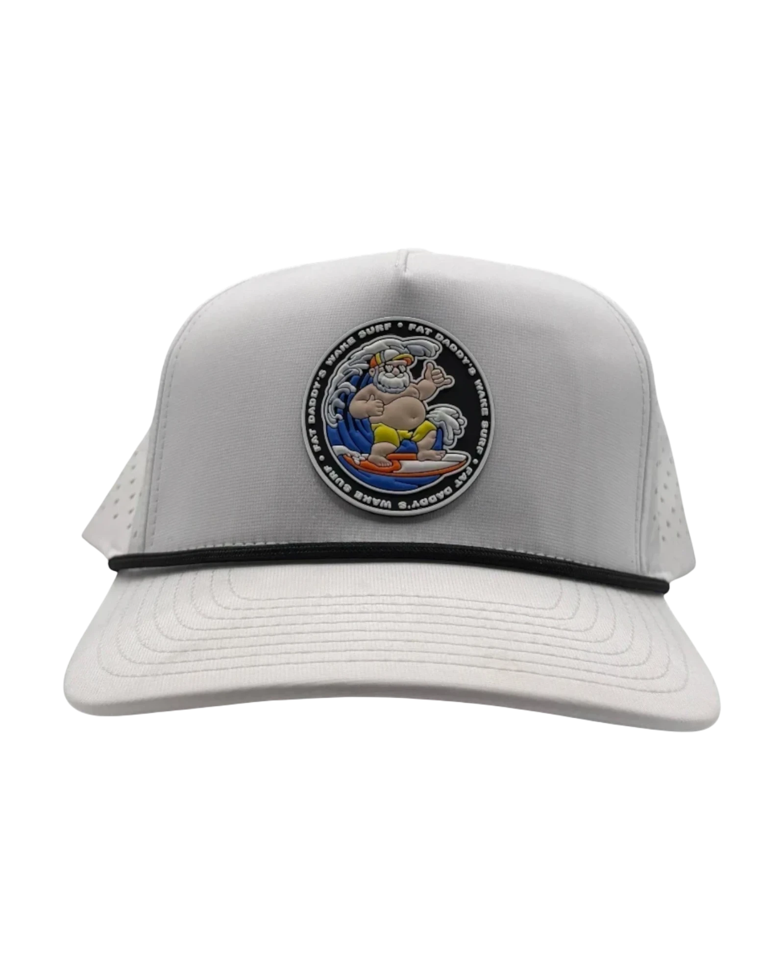 Fat Daddy's Wake Surf white waterproof 5-panel rope hat with a circular graphic patch on the front