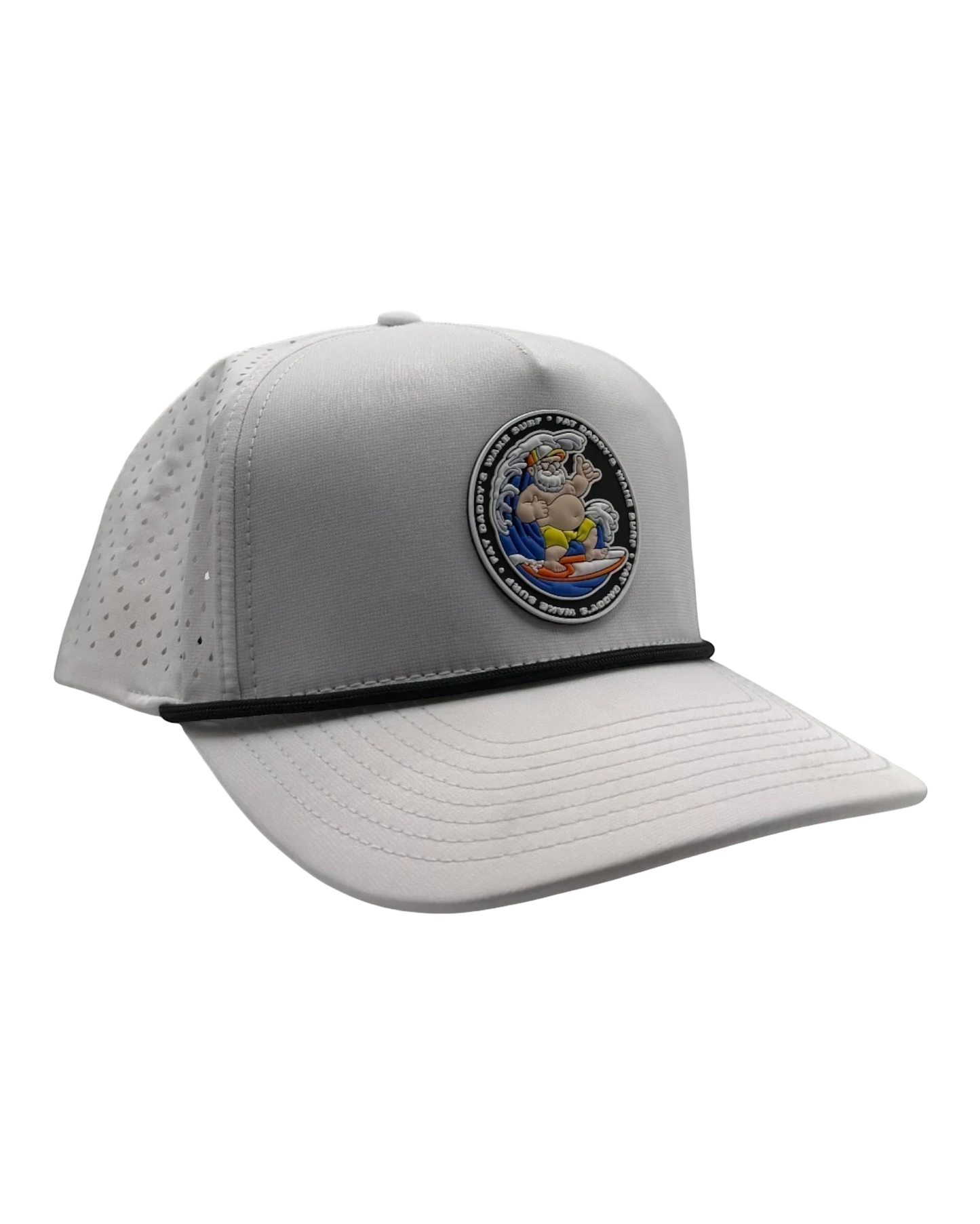 Fat Daddy's Wake Surf white waterproof 5-panel rope hat with a circular logo patch and snapback closure.