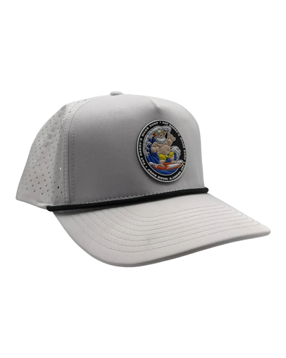 Fat Daddy's Wake Surf white waterproof 5-panel rope hat with a circular logo patch and snapback closure.